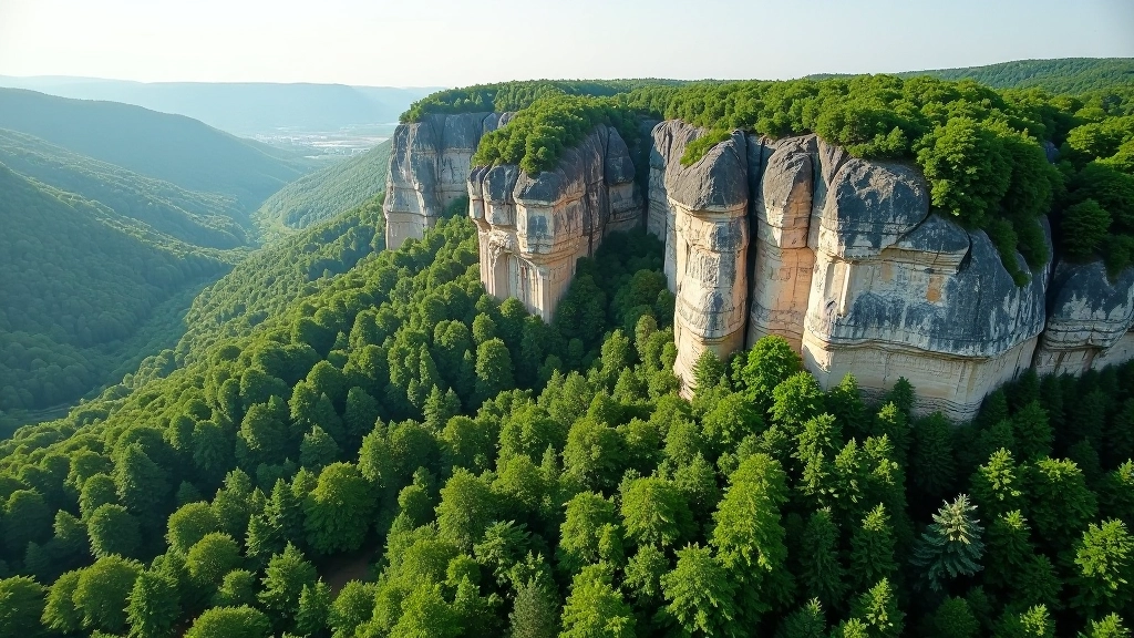 Scenic view of sandstone rock formations rising above green forest canopy in Bohemian Switzerland