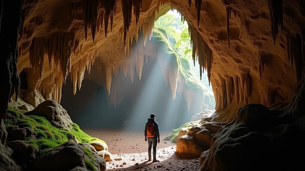 Interior of a cave system with stalactites and cave formations, natural lighting from entrance