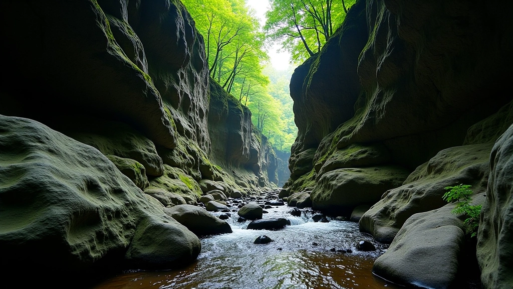 Narrow rocky gorge with steep cliff walls and small creek flowing through forested canyon