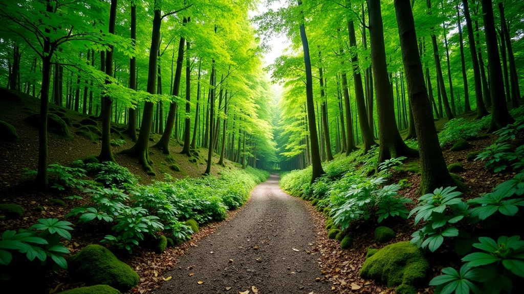 Forest trail winding through green trees and rocky terrain in Bohemian Switzerland