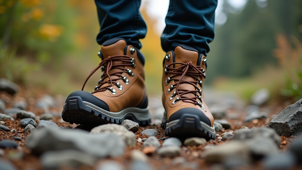 Close-up of hiking boots on rocky mountain path