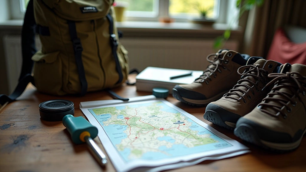 Hiking backpack and map laid out on wooden table near hiking boots