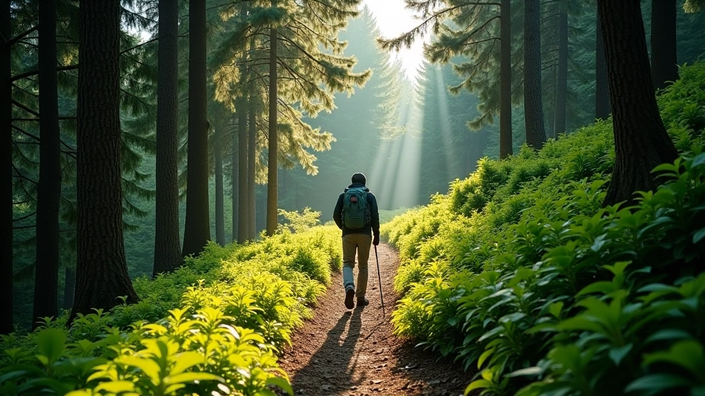 Forested hiking trail with gentle slope through mixed spruce and beech trees