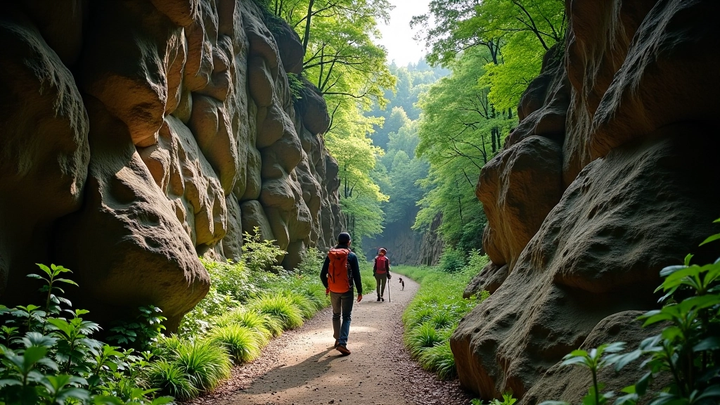 Hiking trail through limestone gorge with steep rocky walls on both sides, forest vegetation