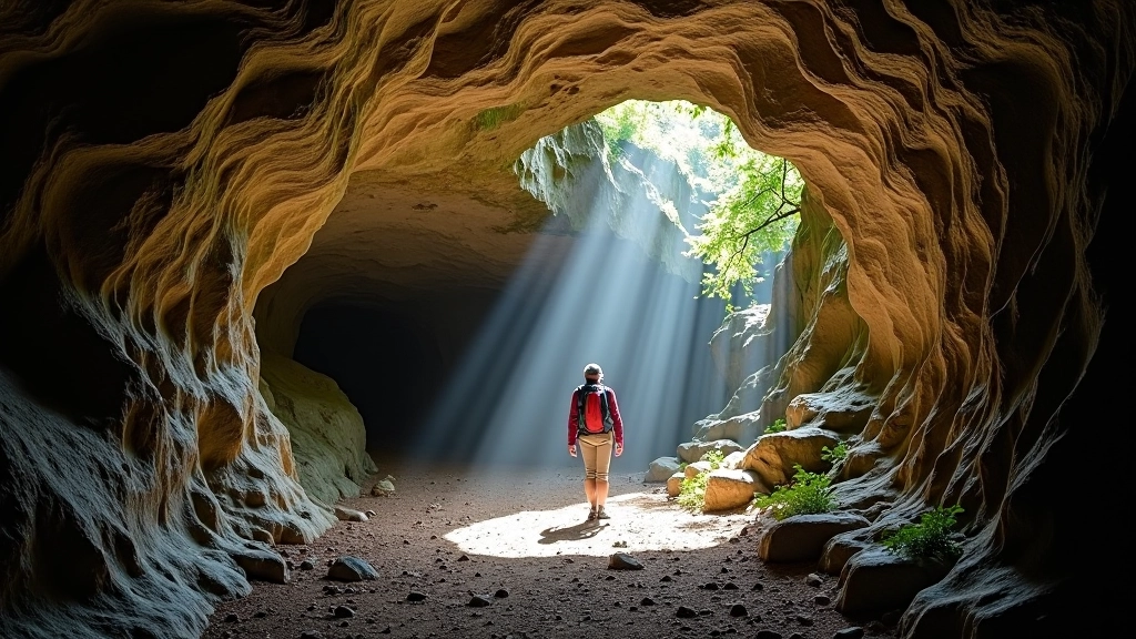 Underground cave entrance with limestone formations in natural daylight