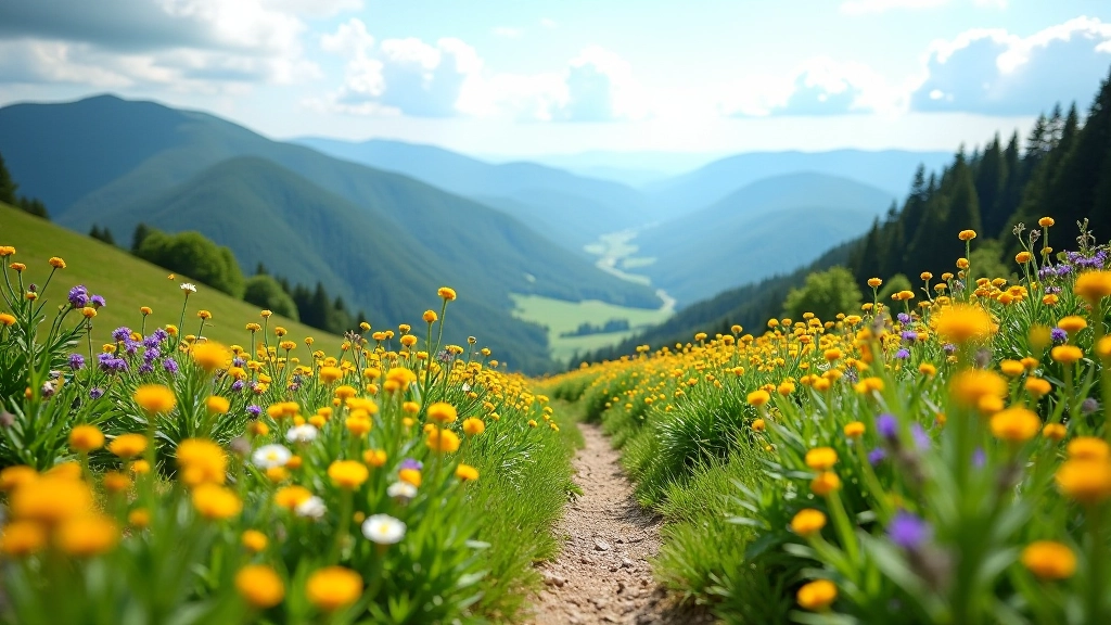 Mountain foothills with hiking path and wildflowers in spring season