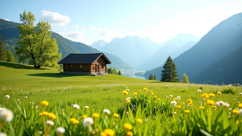 Mountain meadow with traditional Czech wooden cabin and valley views in spring