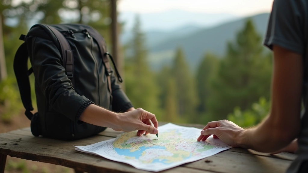 Hiker preparing for day hike with backpack and map