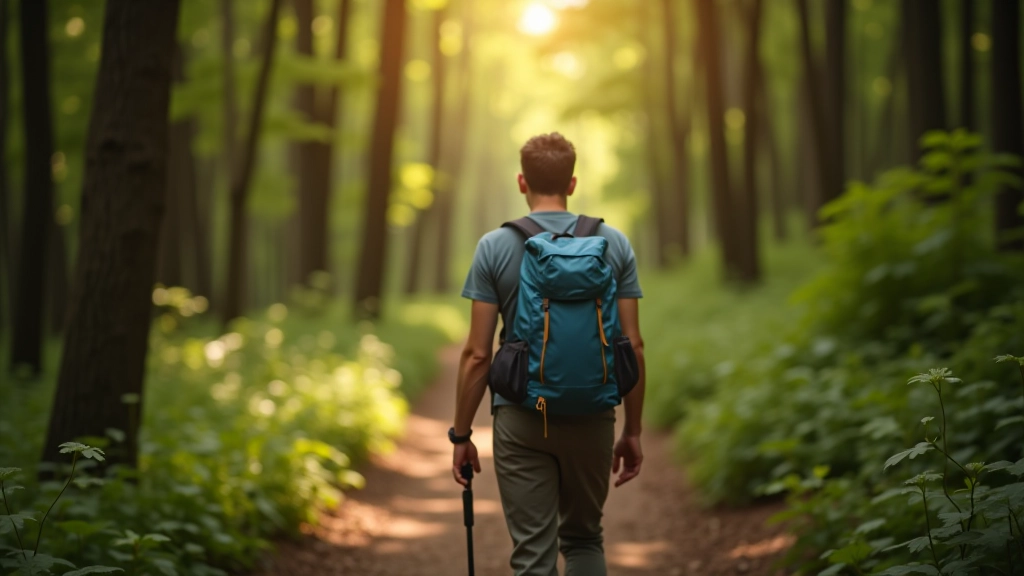 Hiker on forest path surrounded by trees and natural woodland