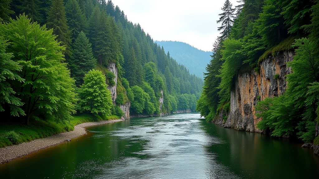 Elbe River flowing through forested valley with steep sandstone cliffs on both sides