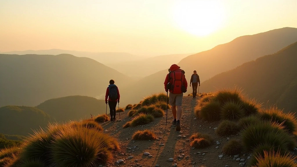 Group of hikers on mountain ridge enjoying scenic landscape view