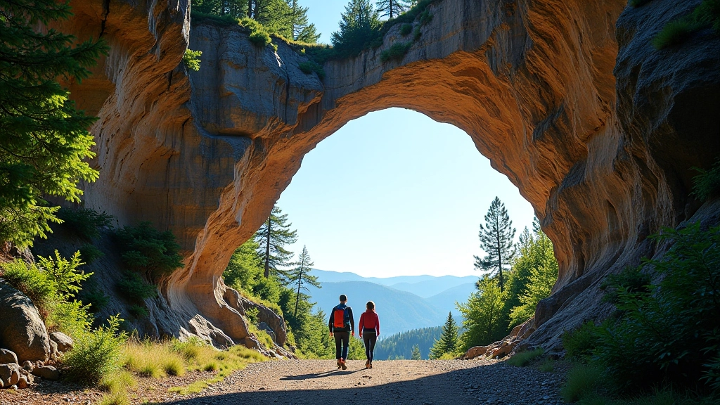Natural sandstone arch formation Pravcická Brána with hikers walking beneath it